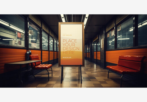 Frame Poster Billboard Mockup: Orange Chairs and Tables in Train Station with White Board, Red Chair, Black Table, and Wall