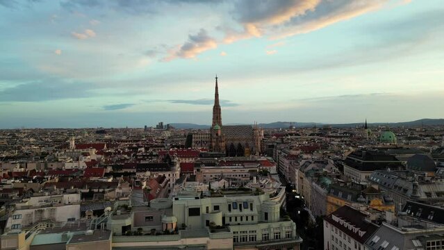 Cathedrals and cityscape City of Vienna, Austria. Roman Catholic Archdiocese of Vienna, Vienna aerial skyline view from drone video. Hofburg Palace and heritage buildings in the Historic Centre