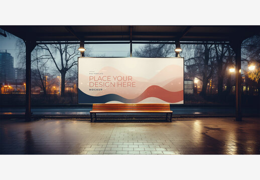 Night Time City Park Bench with Large Screen and Street Lights, Trees in Distance - Frame Poster Billboard Mockup