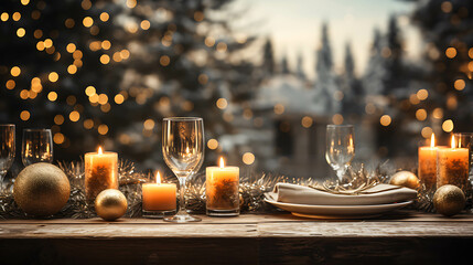 Christmas table arrangement with different decorations.