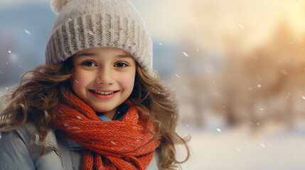 A Joyful Young Girl Surrounded by Winter Landscape. Right Copy Space