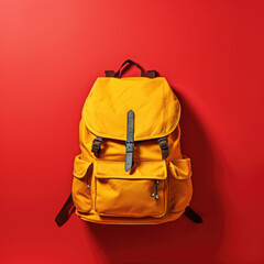 Yellow Backpack Isolated on red Background. Casual Canvas Backpack