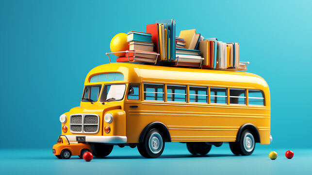 School bus with school accessories and books,Illustration