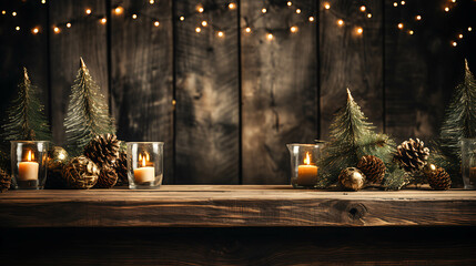 Christmas table arrangement with different decorations. - obrazy, fototapety, plakaty