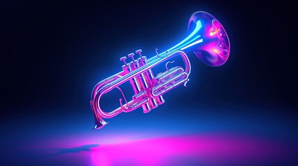 Trumpet on illuminated neon light background. AI generated image - obrazy, fototapety, plakaty