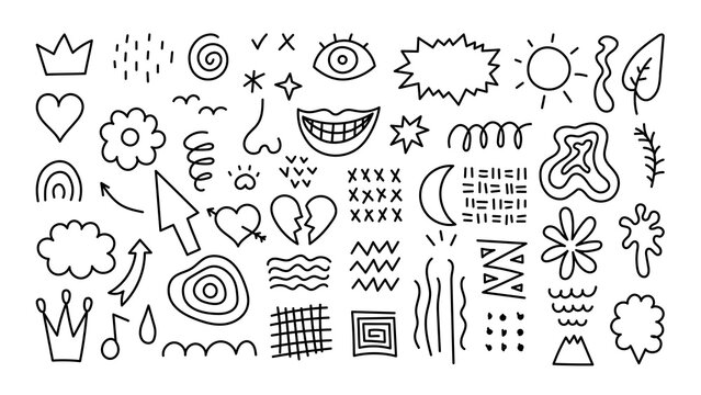Abstract doodles and lines big set. Collection of various hand drawn black scribbles, squiggles. Vector illustration.