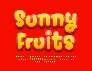 Vector eco concept Sunny Fruits.  Yellow and Red Bright Font. Funny handwritten Alphabet Letters and Numbers