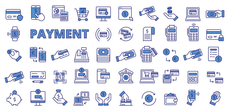 Set of Payment icons in line design blue. Icons, cash, currency, contactless, transaction, shopping, secure, exchange, withdraw, online shipping, electronic payment isolated on white background vector