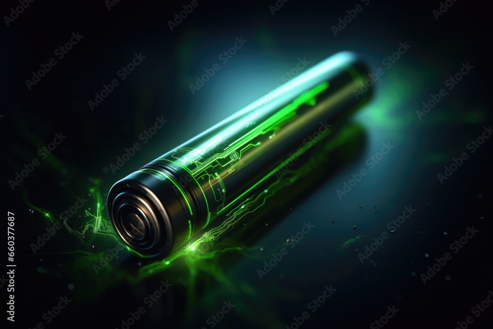 Poster a detailed view of a battery placed on a table. suitable for illustrating concepts related to energy