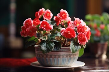 A detailed view of a potted plant placed on a table. This image can be used to add a touch of nature and freshness to any interior space.