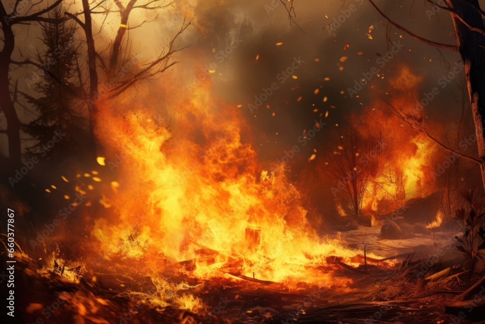 Poster a raging fire in the middle of a forest. this image can be used to depict the destructive power of w