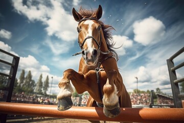 A dynamic image capturing a brown and white horse jumping over a rail. Perfect for showcasing the elegance and power of horses. Ideal for equestrian-related designs and promotional materials. - obrazy, fototapety, plakaty