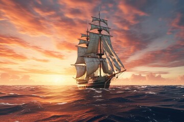 Obraz premium A beautiful sailboat gliding through the ocean waters during a stunning sunset. This image can be used to depict leisure, adventure, travel, or the beauty of nature.
