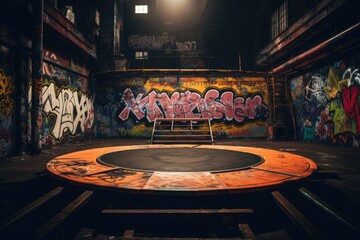 A trampoline in a dark room with graffiti on the walls. Perfect for urban sports or fitness-related...