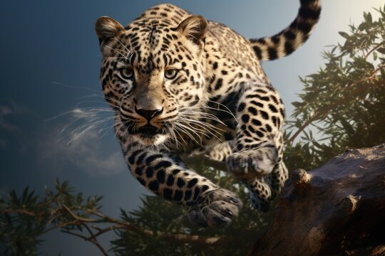 A leopard is captured in action as it confidently walks along a sturdy tree branch. This image can be used to depict wildlife, nature, animals, or the beauty of the animal kingdom.