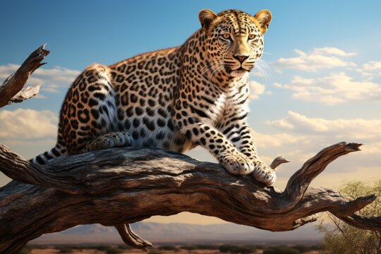 A leopard is seen sitting on top of a tree branch. This image can be used to depict the grace and power of the leopard in its natural habitat.