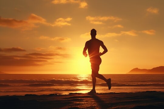 A man running on the beach at sunset. This image can be used to depict a sense of freedom, fitness, and enjoying nature.