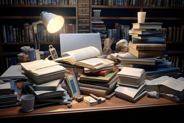 A pile of books sitting on top of a wooden table. This image can be used to represent education, learning, or studying.