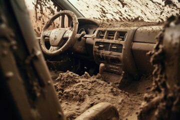 A picture of a dirty car covered in mud with a visible steering wheel. This image can be used to depict off-road adventures, car maintenance, or the challenges of driving in difficult conditions