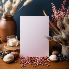 Autumn background with dried flowers, leaves and blank sheet of paper