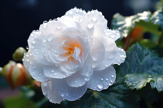 A close-up image of a white flower covered in water droplets. Perfect for nature and floral themes