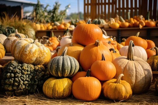 A pile of pumpkins sitting on top of a pile of hay. This image can be used for autumn-themed designs or Halloween decorations