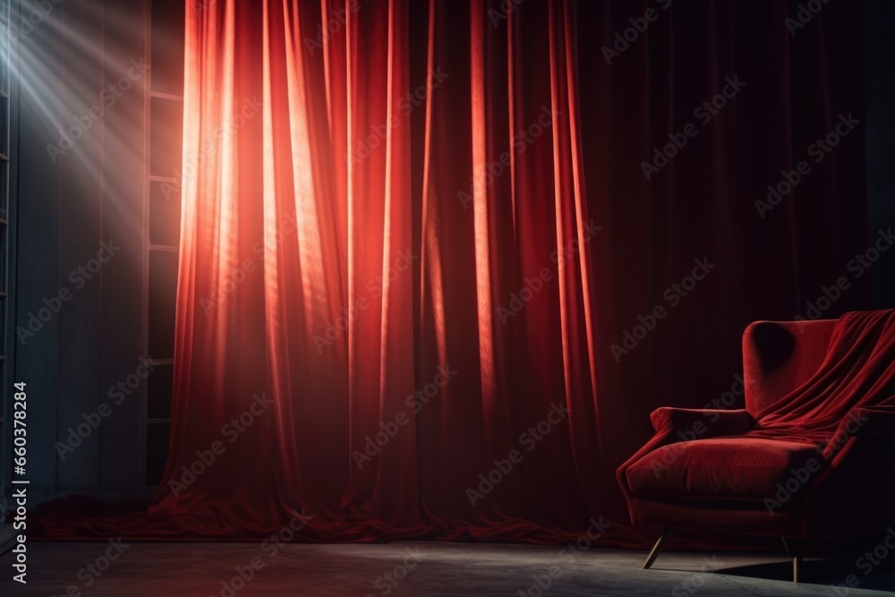 Poster a red chair positioned in front of a vibrant red curtain. this image can be used to add a pop of col