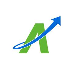 Brand name A letters with blue arrow vector icon.