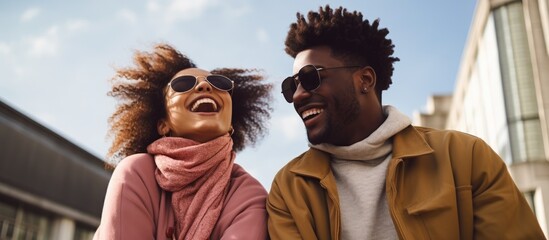 Stylish interracial couple enjoying a funny city date joking and laughing together With copyspace for text - Powered by Adobe