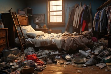 A cluttered bedroom with a disheveled bed and a ladder. Ideal for illustrating a messy living space or portraying a chaotic lifestyle.  - obrazy, fototapety, plakaty