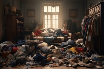 A cluttered living room with a couch and an abundance of clothes scattered around. This image can be used to depict a disorganized space or to illustrate the concept of laziness and untidiness