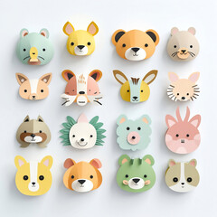 Set of designs of animal heads in 3d. Collection of cartoon characters.