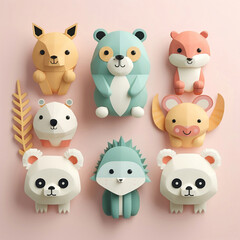Set of different 3d paper cute animals in sweet pastel colors on pink background