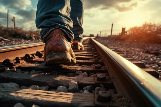 A person is seen walking on a train track at sunset. This image can be used to depict solitude, journey, or adventure. 