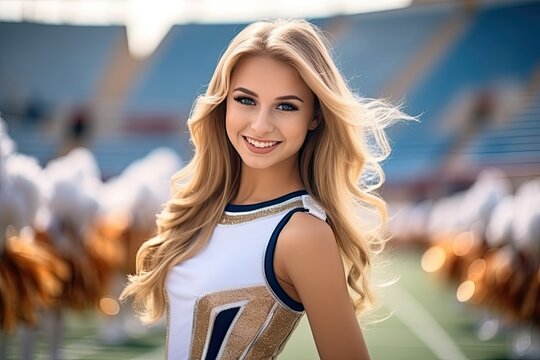 A cheerful and happy young female cheerleader enjoying a summer day at the stadium, radiating beauty and charm.