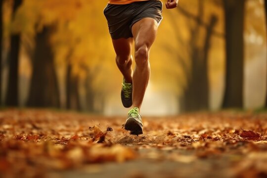 A man is captured running in a park during the fall season. This image can be used to depict outdoor activities, fitness, and enjoying nature during autumn