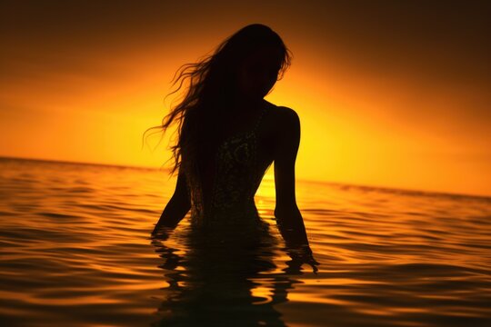 A beautiful image of a woman standing in the water at sunset. Perfect for use in travel, relaxation, and beach-themed projects