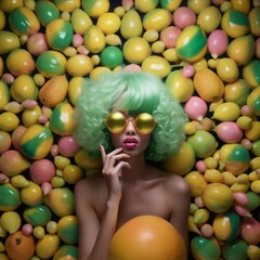 Fototapeta na wymiar Beautiful young woman with green hair and yellow sunglasses posing among colorful candies