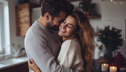 A detailed shot capturing the joy of a woman, happily embracing her boyfriend in the comfort of their home - obrazy, fototapety, plakaty