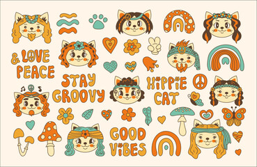 Hippie cat vector stickers set. 60s 70s retro collection with funny cartoon cats, handwritten lettering, rainbow, mushroom, hearts and flowers