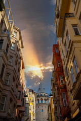 Fototapeta na wymiar The walls of the narrow turkish street by the Galata Tower, Istanbul