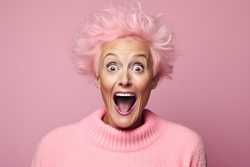 Verblüffte Pinkhaarige: Staunen und Erstaunen im Gesicht - obrazy, fototapety, plakaty