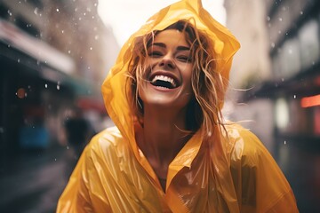 Fröhlichkeit im Regen: Lächelnde Frau in der Natur - obrazy, fototapety, plakaty