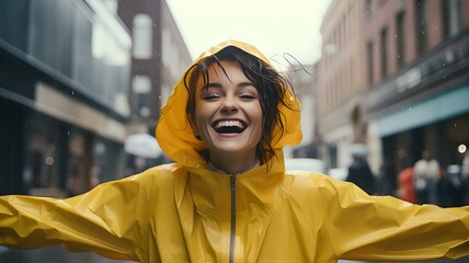 Lebensfreude: Frau im gelben Regenmantel strahlt im Regen - obrazy, fototapety, plakaty
