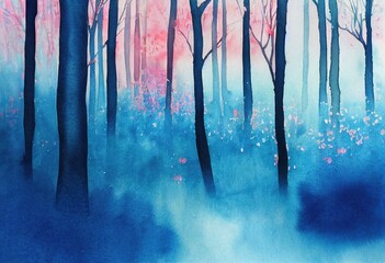 Obraz premium Enchanting misty twilight blue forest glade with captivating pretty pink leaves and tall trees, beauty of nature in spring season, charming watercolor like art.