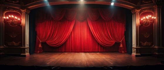The red curtains of the stage are opening for the theater show - obrazy, fototapety, plakaty