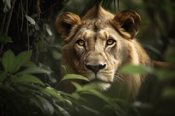 A lion's face up close, amidst a lush forest. Generative AI