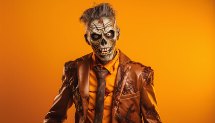 Dapper Halloween Zombie: A Gentleman in Ghoulish Attire Against an Orange Background
