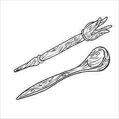 Wooden kitchen spoon, fork. Vector elements. Doodle sketch drawing. Design of product, packaging, paper.