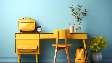 School desk with school accessory and backpack on blue background